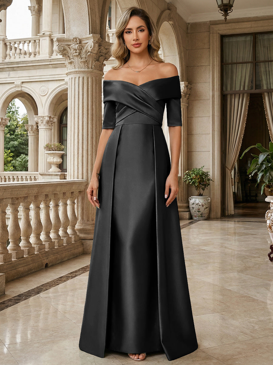 A-Line Off Shoulder Short Sleeve Long Ruched Mother of the Bride Dresses