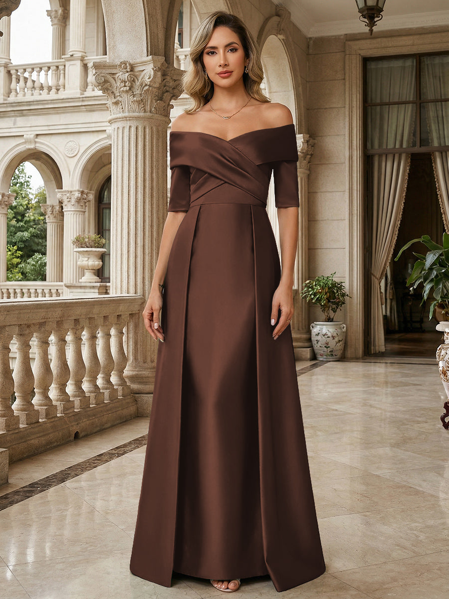 A-Line Off Shoulder Short Sleeve Long Ruched Mother of the Bride Dresses