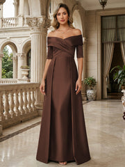 A-Line Off Shoulder Short Sleeve Long Ruched Mother of the Bride Dresses