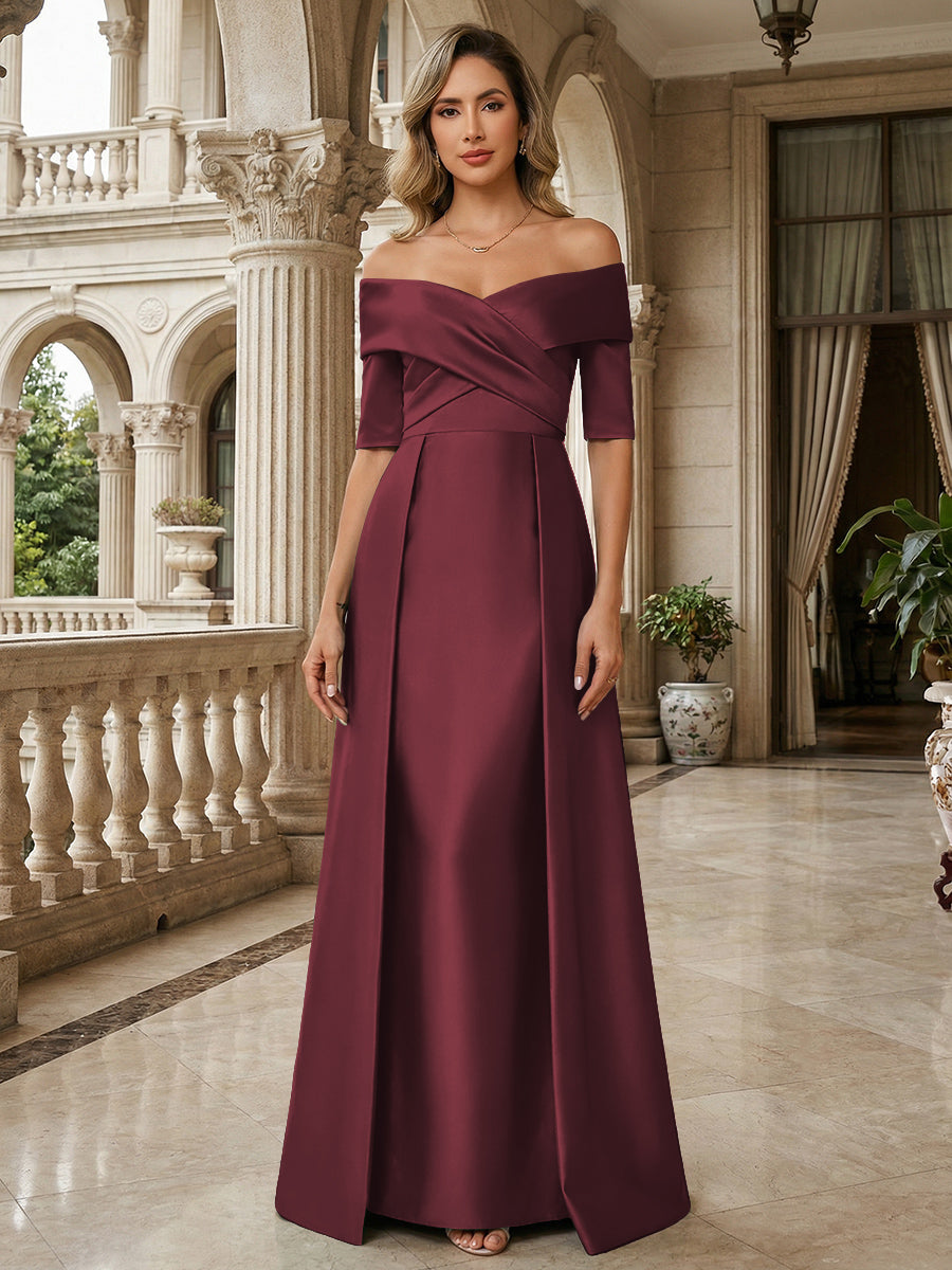 A-Line Off Shoulder Short Sleeve Long Ruched Mother of the Bride Dresses