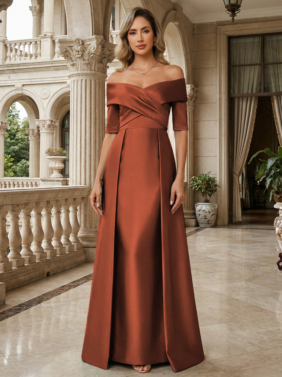 A-Line Off Shoulder Short Sleeve Long Ruched Mother of the Bride Dresses