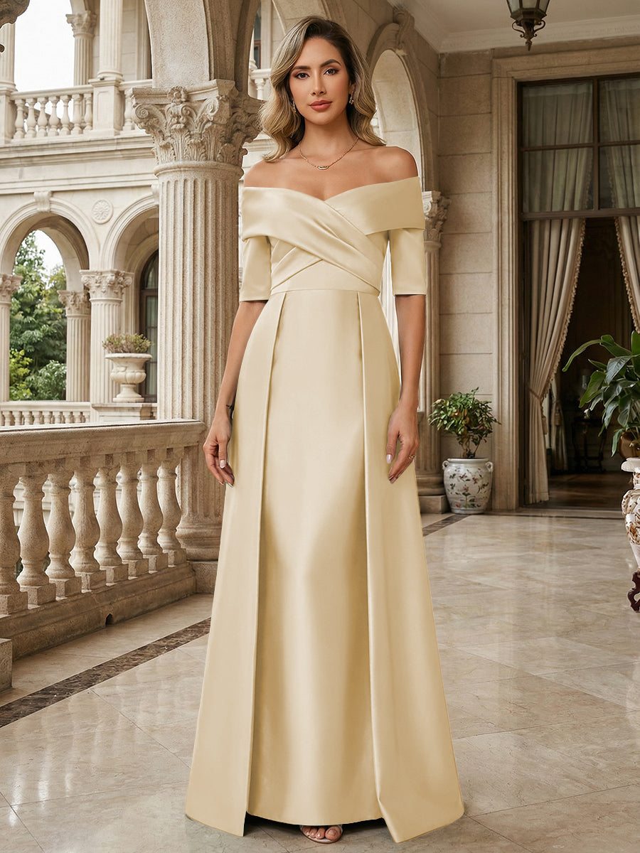 A-Line Off Shoulder Short Sleeve Long Ruched Mother of the Bride Dresses