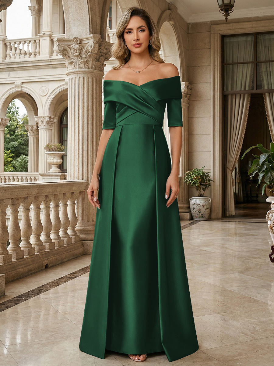 A-Line Off Shoulder Short Sleeve Long Ruched Mother of the Bride Dresses