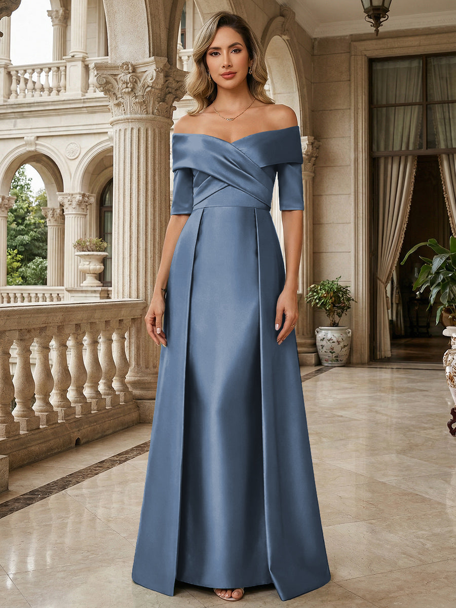 A-Line Off Shoulder Short Sleeve Long Ruched Mother of the Bride Dresses