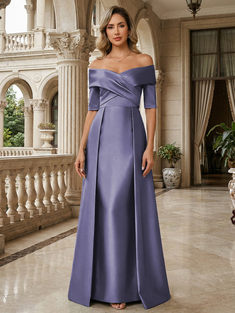A-Line Off Shoulder Short Sleeve Long Ruched Mother of the Bride Dresses