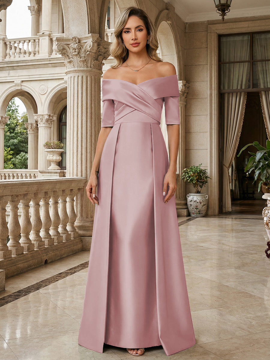 A-Line Off Shoulder Short Sleeve Long Ruched Mother of the Bride Dresses