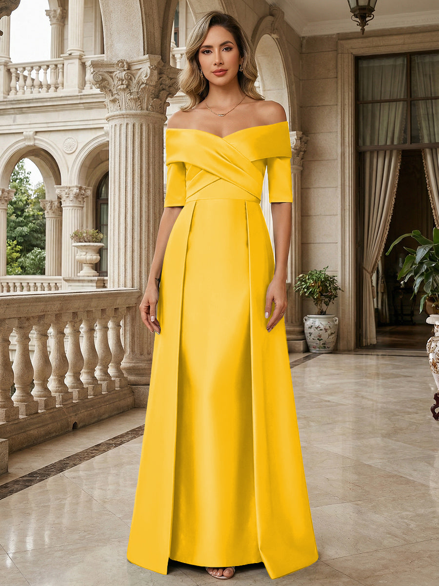 A-Line Off Shoulder Short Sleeve Long Ruched Mother of the Bride Dresses