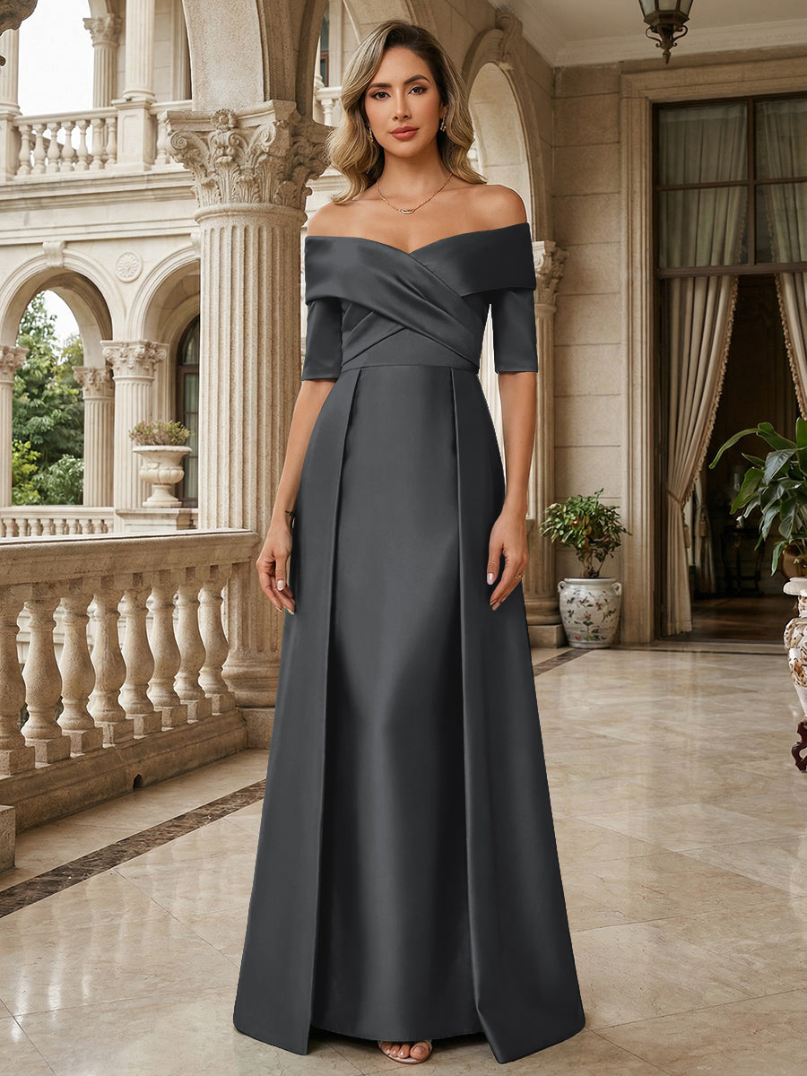 A-Line Off Shoulder Short Sleeve Long Ruched Mother of the Bride Dresses