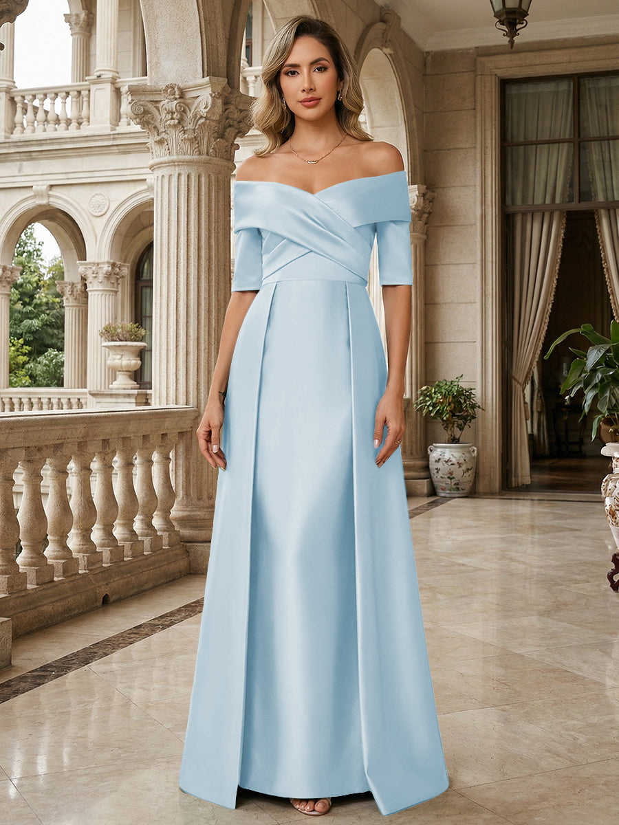 A-Line Off Shoulder Short Sleeve Long Ruched Mother of the Bride Dresses