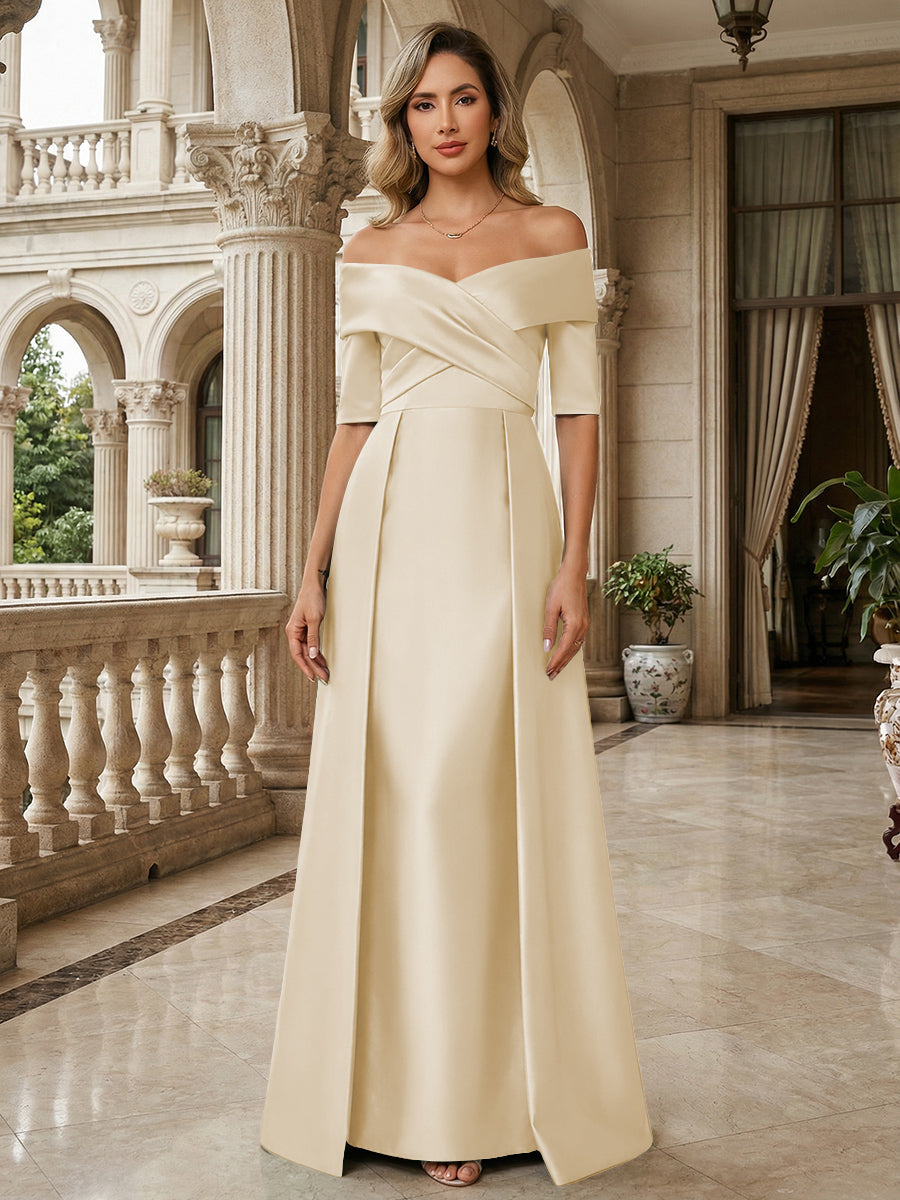 A-Line Off Shoulder Short Sleeve Long Ruched Mother of the Bride Dresses