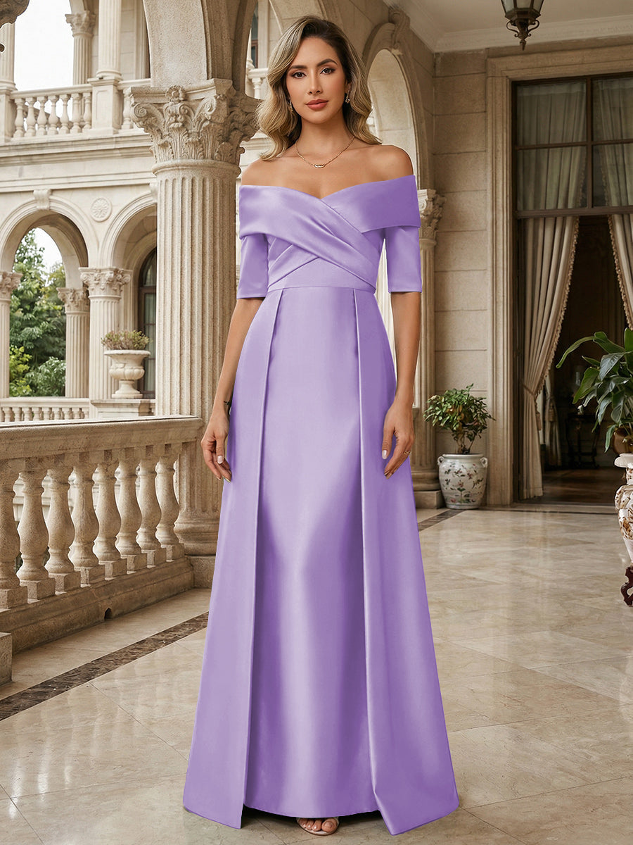 A-Line Off Shoulder Short Sleeve Long Ruched Mother of the Bride Dresses