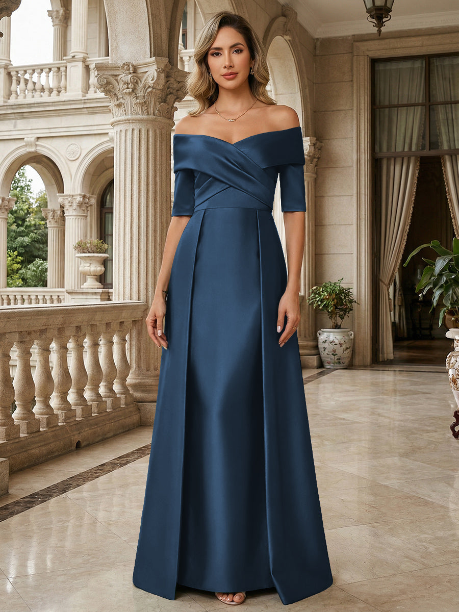 A-Line Off Shoulder Short Sleeve Long Ruched Mother of the Bride Dresses
