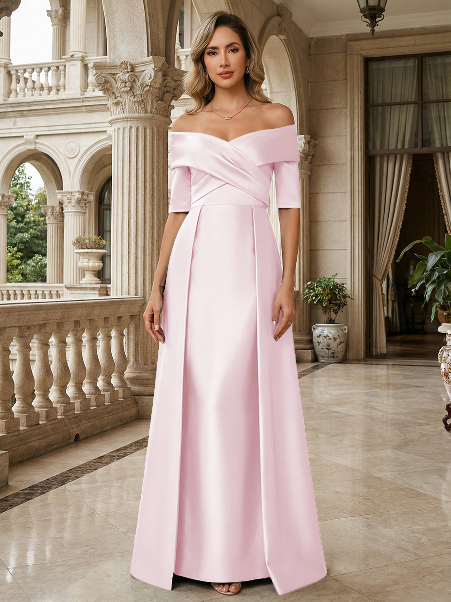 A-Line Off Shoulder Short Sleeve Long Ruched Mother of the Bride Dresses
