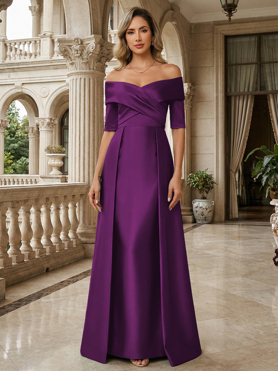 A-Line Off Shoulder Short Sleeve Long Ruched Mother of the Bride Dresses