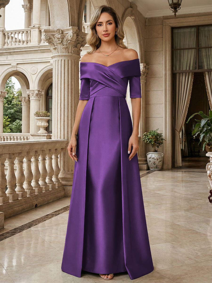 A-Line Off Shoulder Short Sleeve Long Ruched Mother of the Bride Dresses