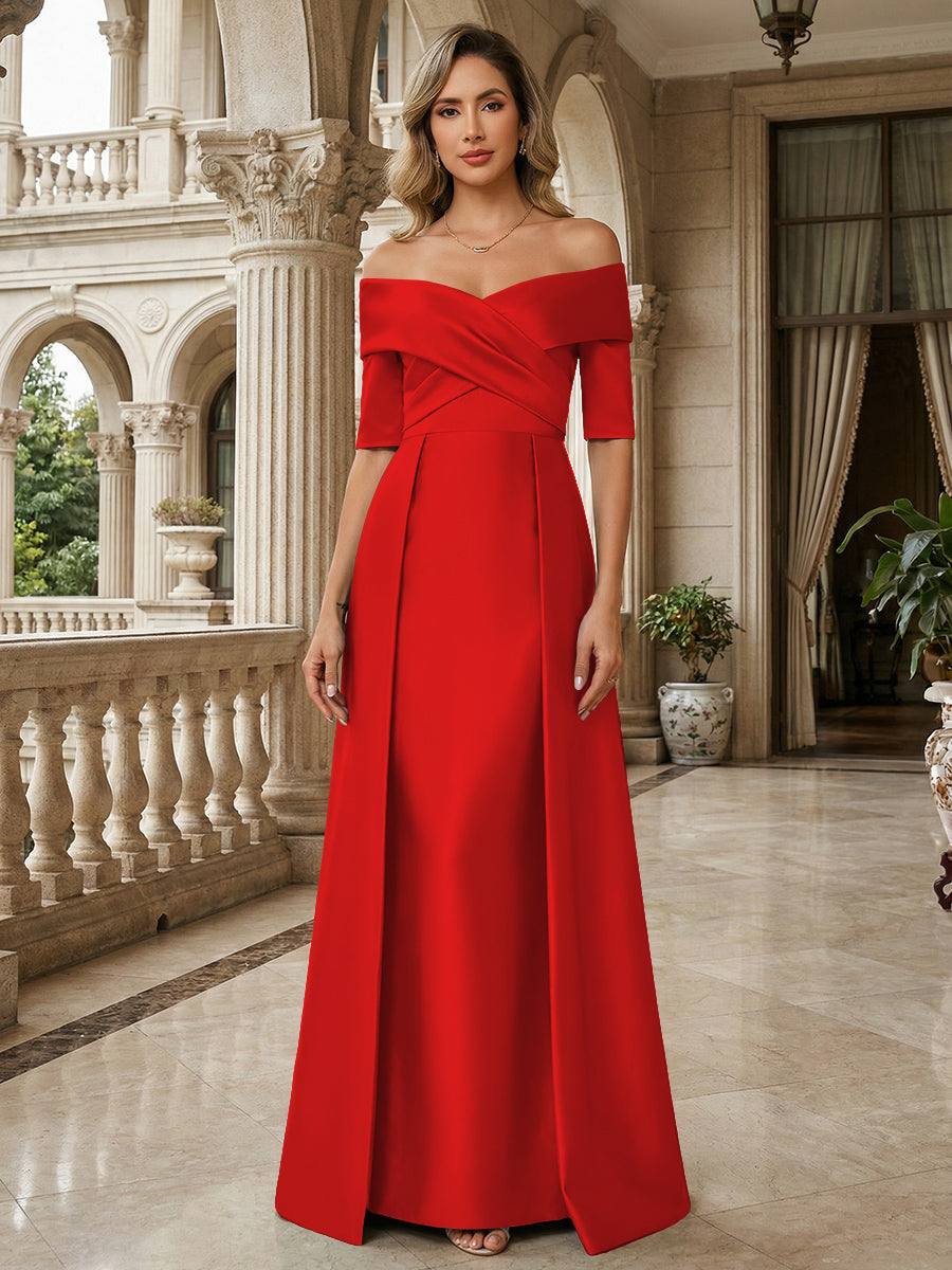 A-Line Off Shoulder Short Sleeve Long Ruched Mother of the Bride Dresses