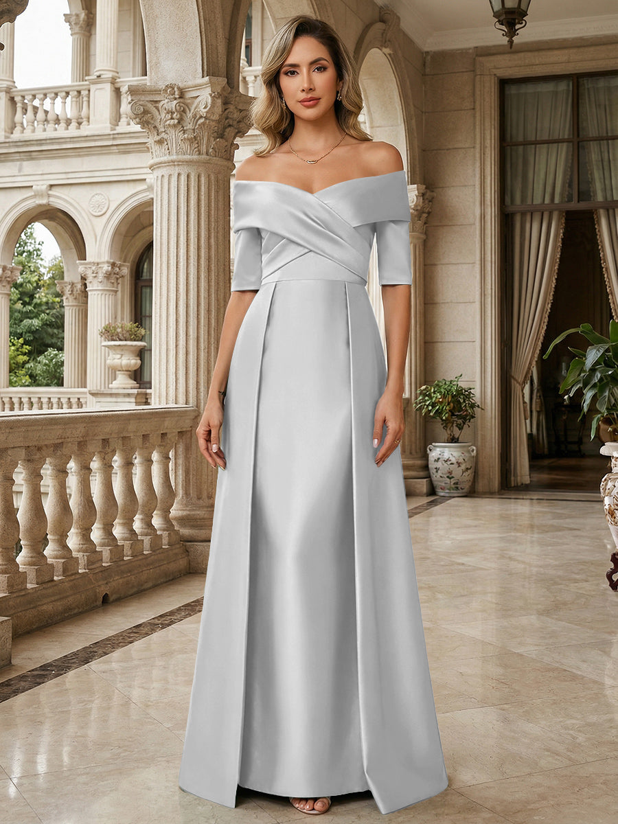 A-Line Off Shoulder Short Sleeve Long Ruched Mother of the Bride Dresses