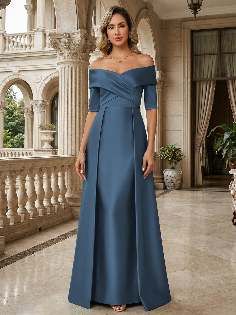 A-Line Off Shoulder Short Sleeve Long Ruched Mother of the Bride Dresses