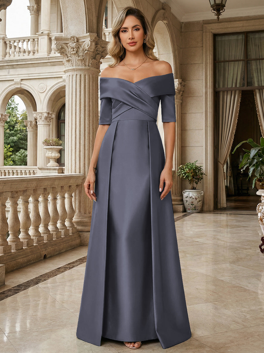 A-Line Off Shoulder Short Sleeve Long Ruched Mother of the Bride Dresses