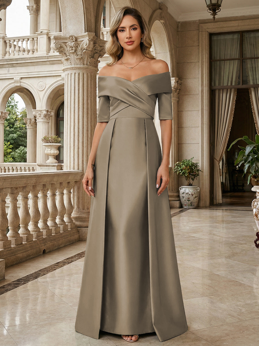 A-Line Off Shoulder Short Sleeve Long Ruched Mother of the Bride Dresses