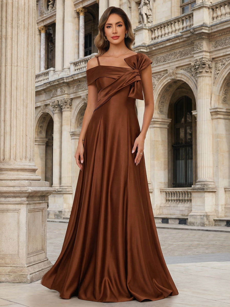 A-Line Asymmetrical Neck Sleeveless Long Mother of the Bride Dresses with Bow