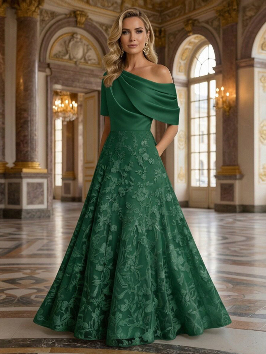 A-Line Floor Length One Shoulder Long Mother of the Bride Dresses with Lace