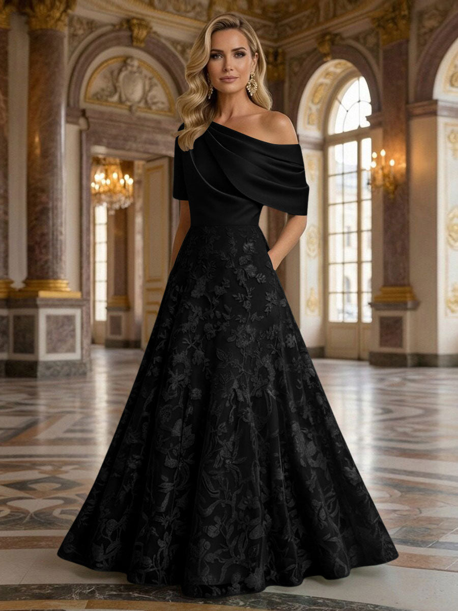 A-Line Floor Length One Shoulder Long Mother of the Bride Dresses with Lace