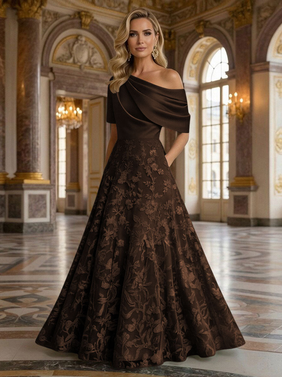 A-Line Floor Length One Shoulder Long Mother of the Bride Dresses with Lace