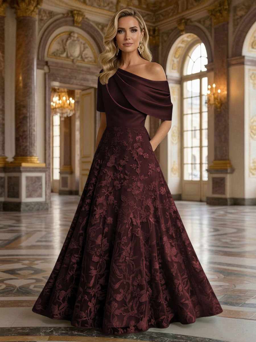 A-Line Floor Length One Shoulder Long Mother of the Bride Dresses with Lace