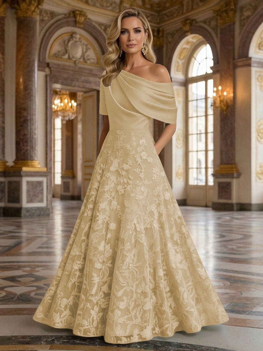 A-Line Floor Length One Shoulder Long Mother of the Bride Dresses with Lace
