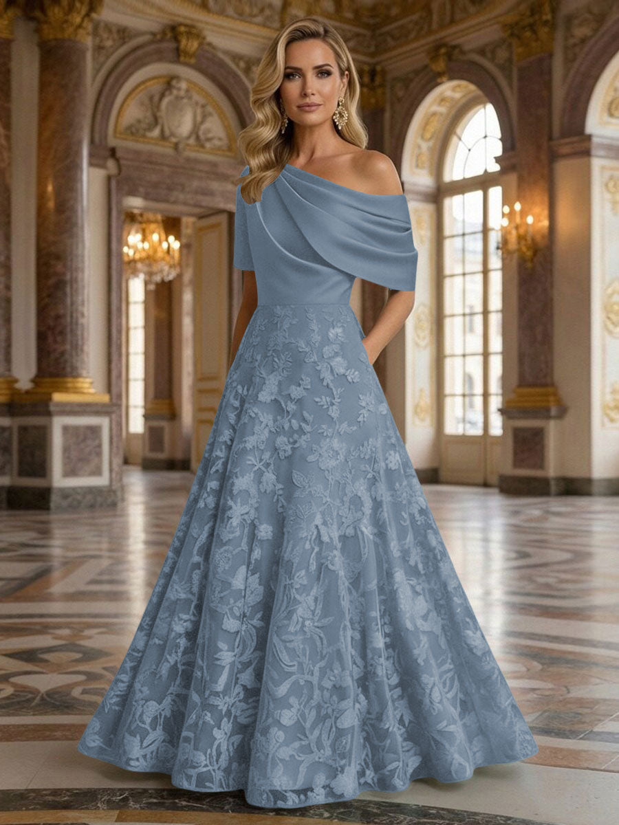 A-Line Floor Length One Shoulder Long Mother of the Bride Dresses with Lace