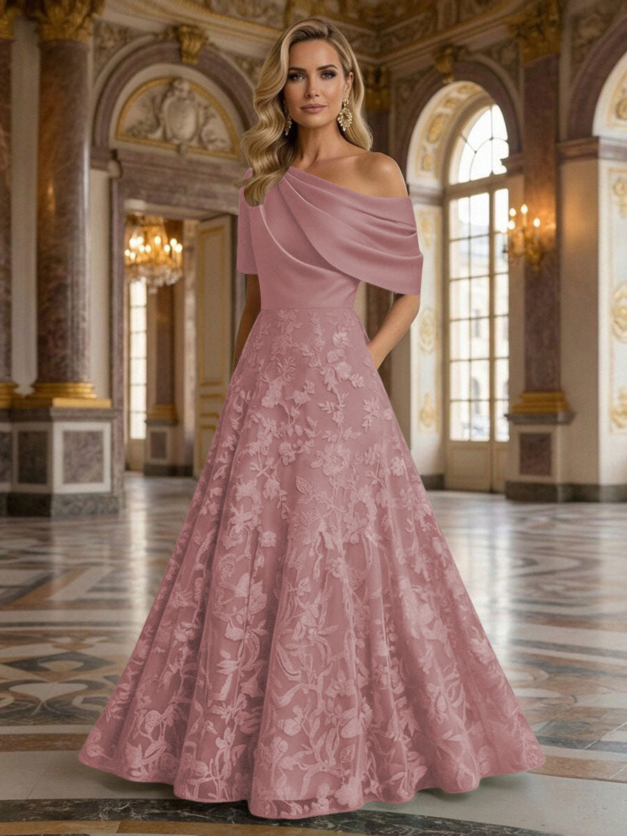 A-Line Floor Length One Shoulder Long Mother of the Bride Dresses with Lace