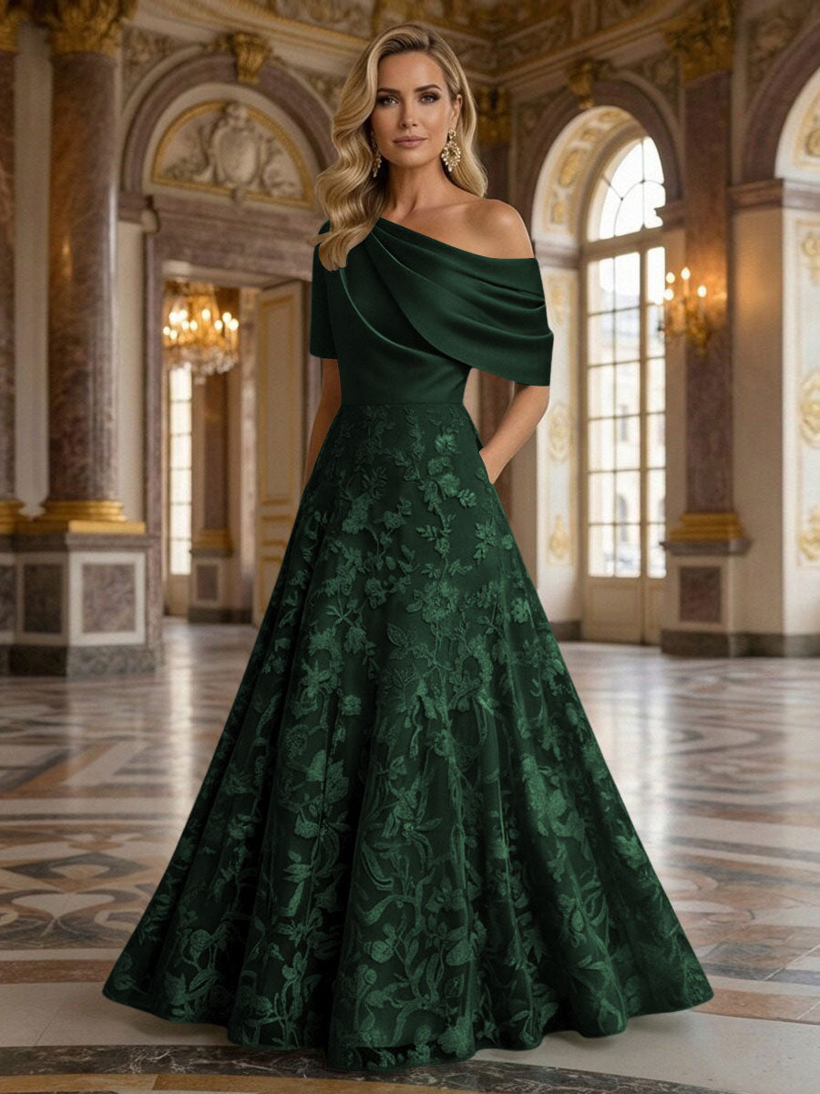 A-Line Floor Length One Shoulder Long Mother of the Bride Dresses with Lace