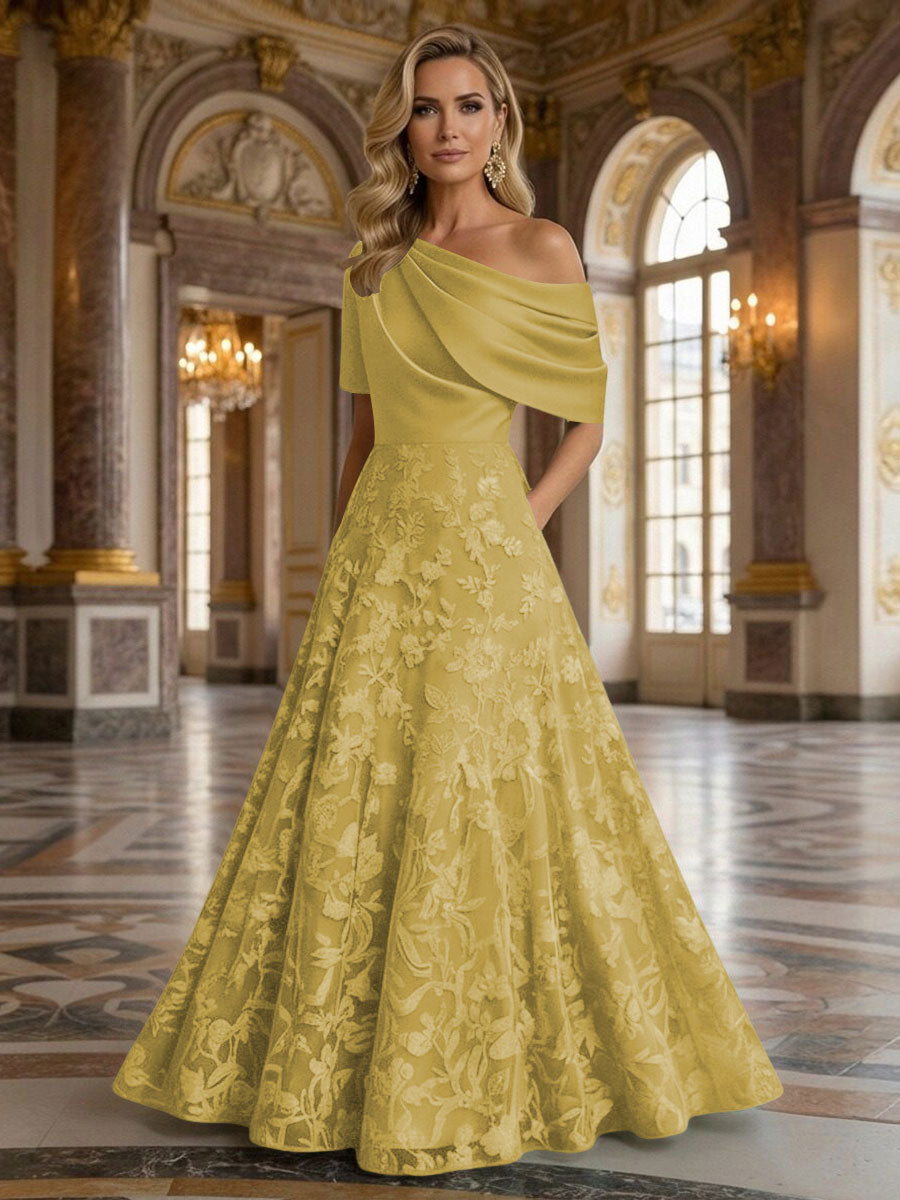 A-Line Floor Length One Shoulder Long Mother of the Bride Dresses with Lace
