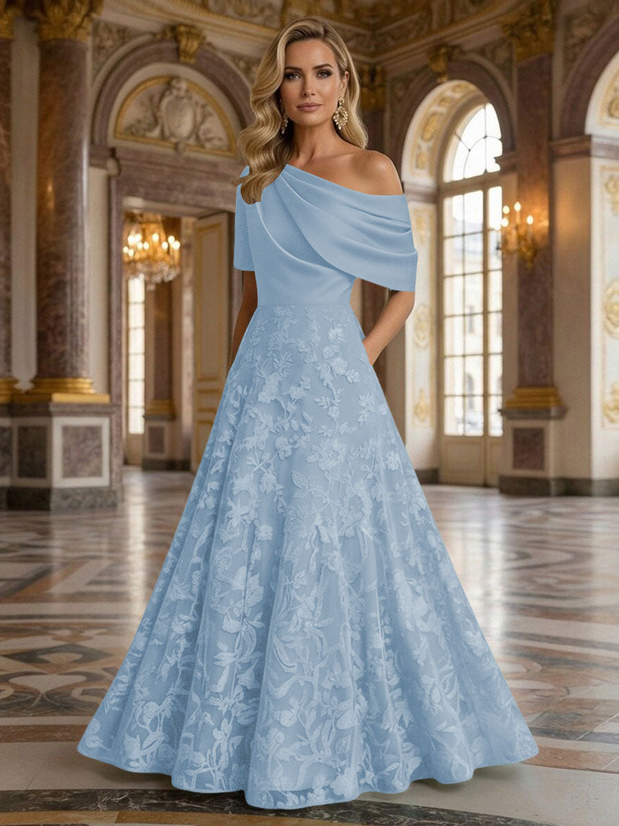 A-Line Floor Length One Shoulder Long Mother of the Bride Dresses with Lace