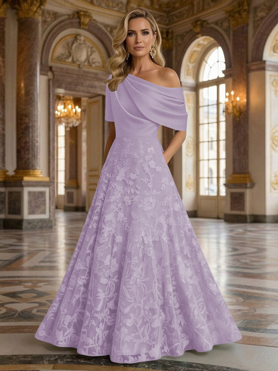 A-Line Floor Length One Shoulder Long Mother of the Bride Dresses with Lace