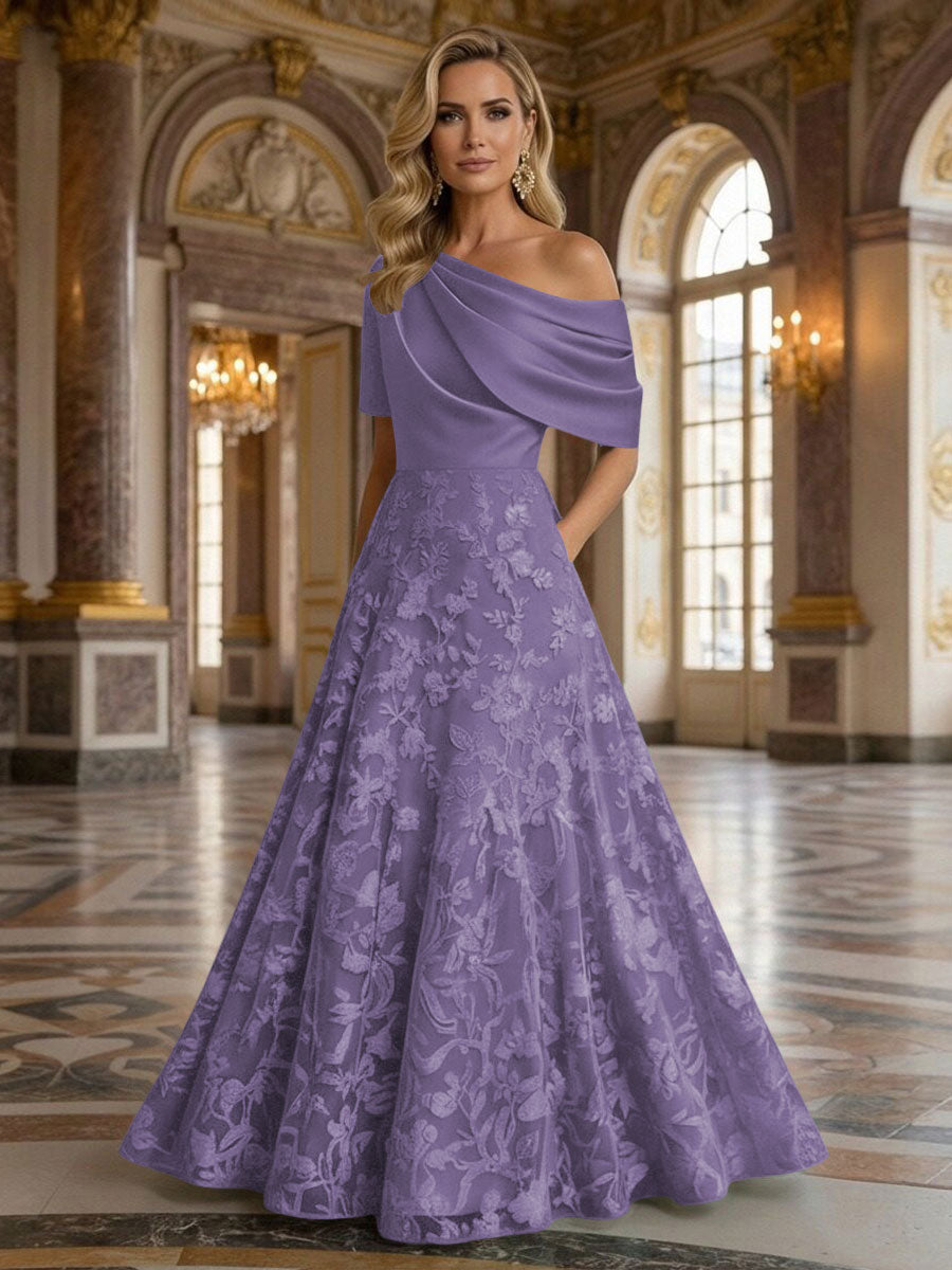 A-Line Floor Length One Shoulder Long Mother of the Bride Dresses with Lace