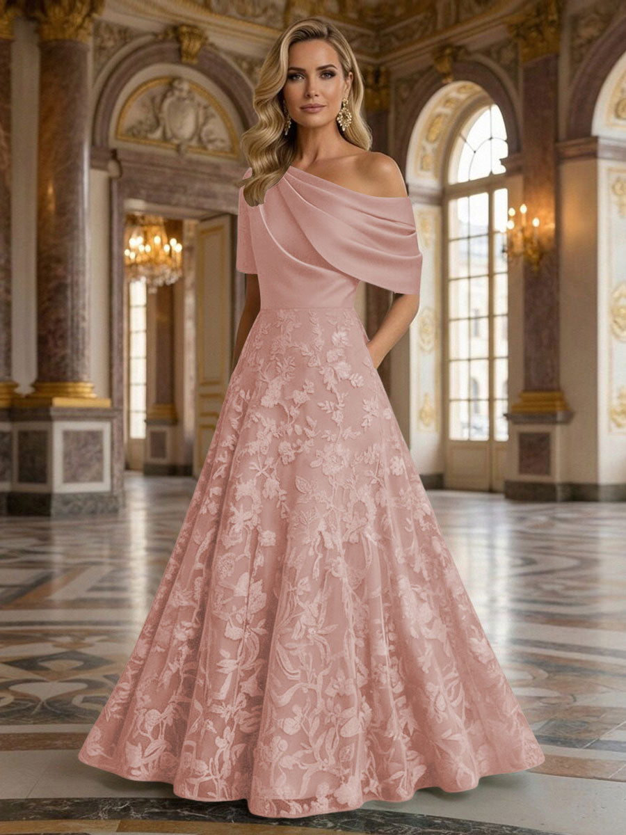 A-Line Floor Length One Shoulder Long Mother of the Bride Dresses with Lace