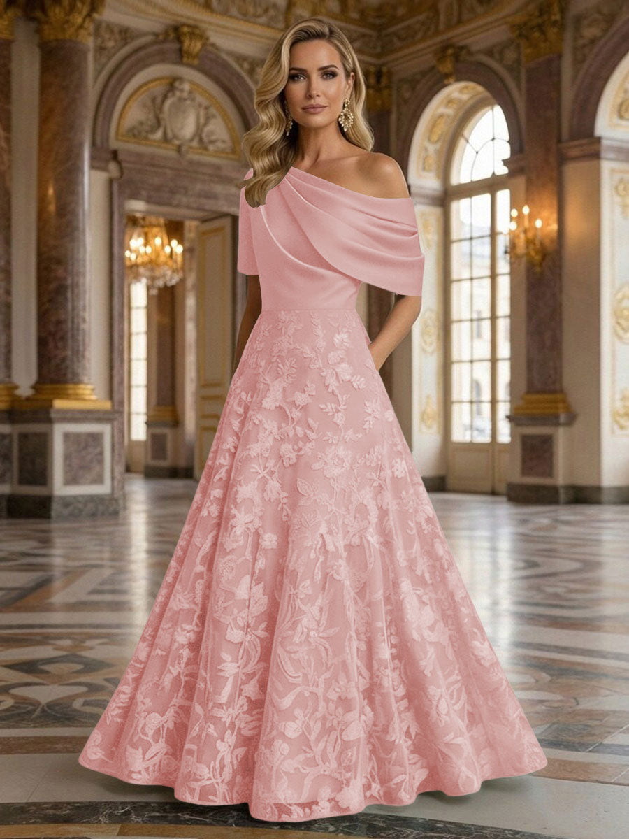 A-Line Floor Length One Shoulder Long Mother of the Bride Dresses with Lace