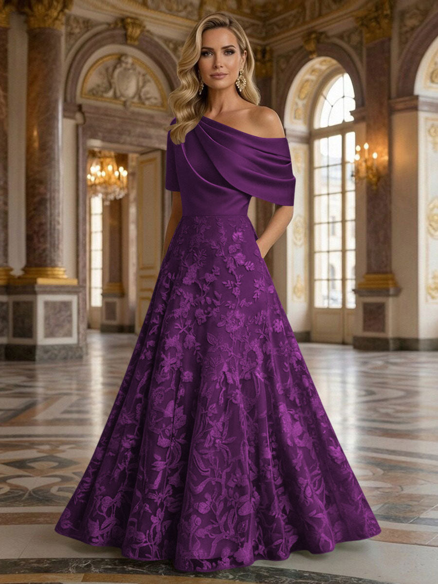 A-Line Floor Length One Shoulder Long Mother of the Bride Dresses with Lace