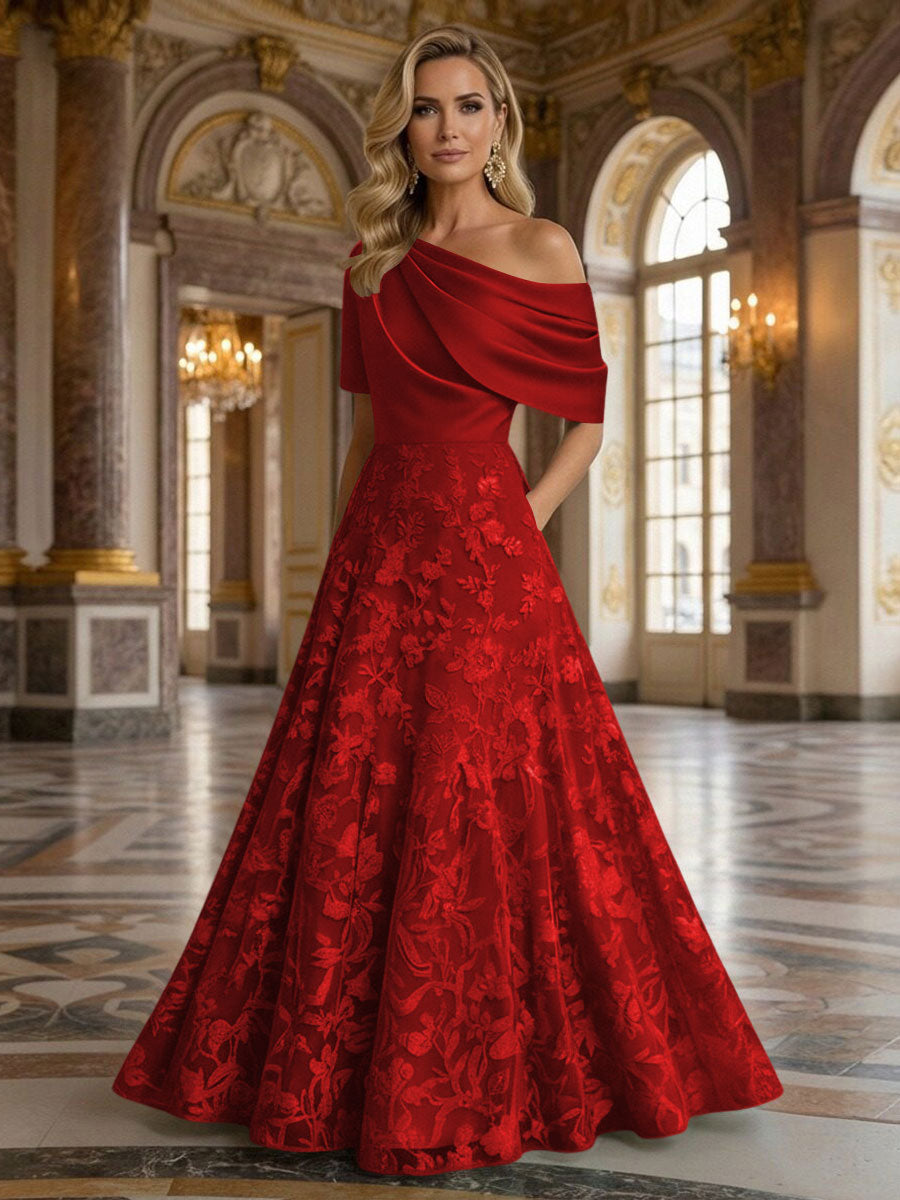 A-Line Floor Length One Shoulder Long Mother of the Bride Dresses with Lace