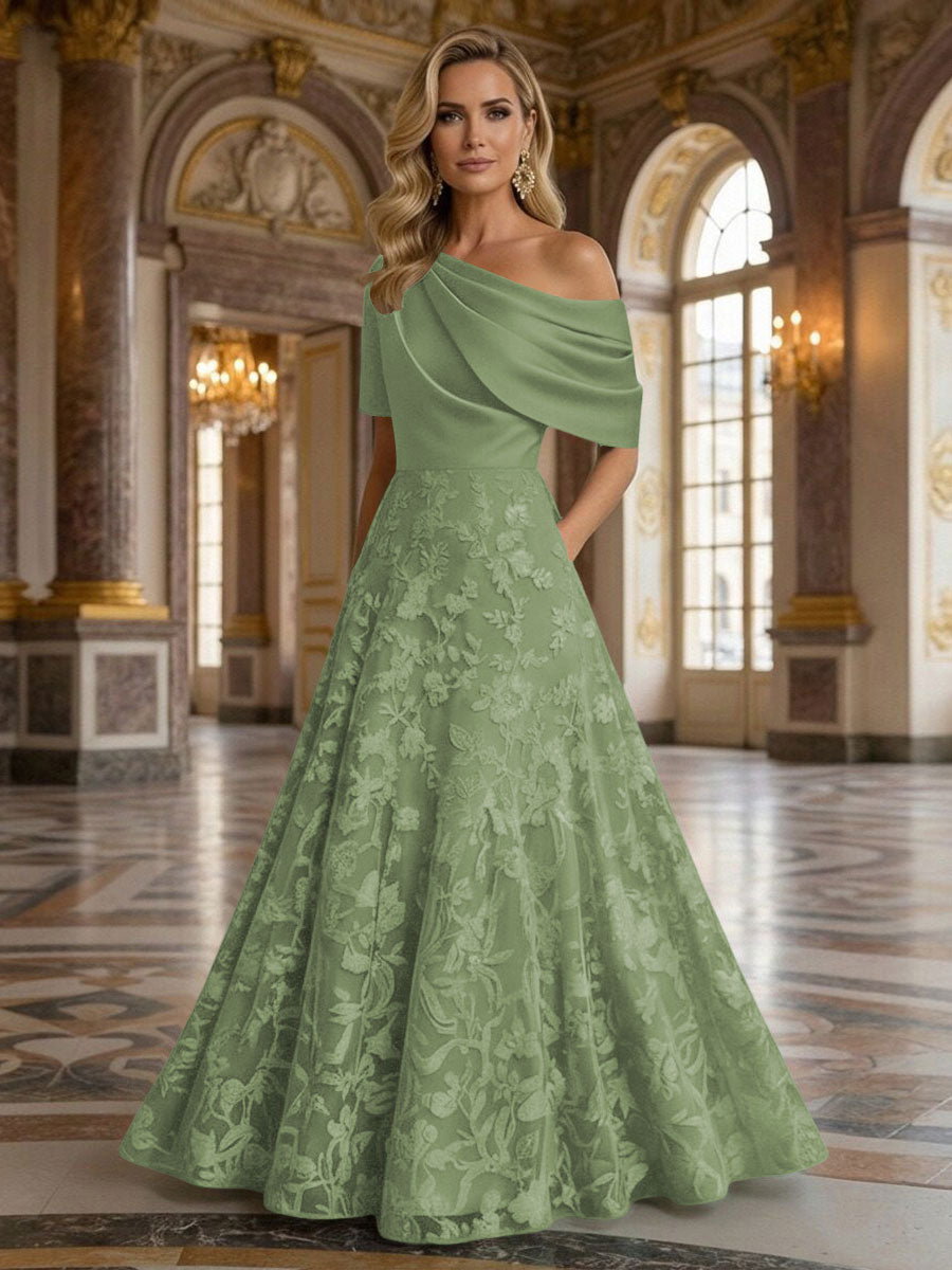 A-Line Floor Length One Shoulder Long Mother of the Bride Dresses with Lace