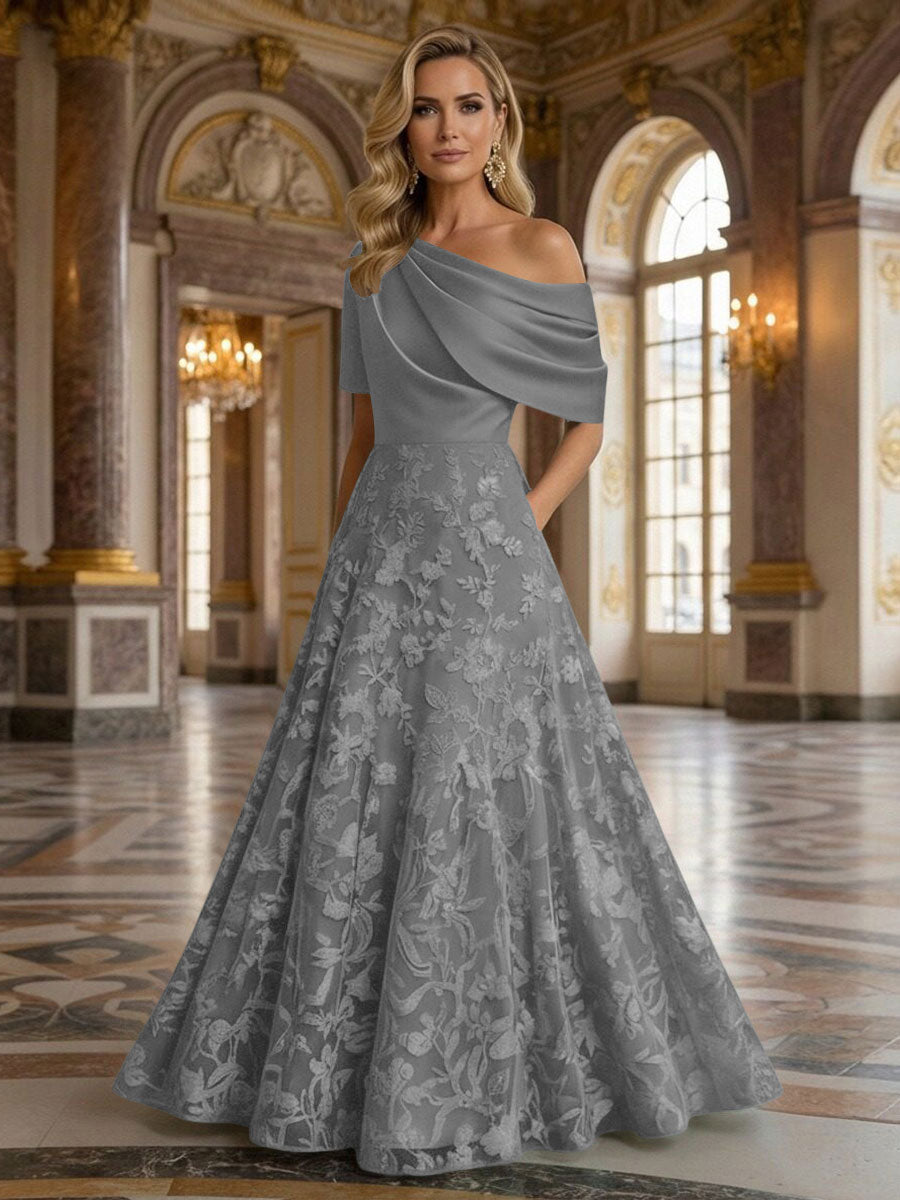 A-Line Floor Length One Shoulder Long Mother of the Bride Dresses with Lace