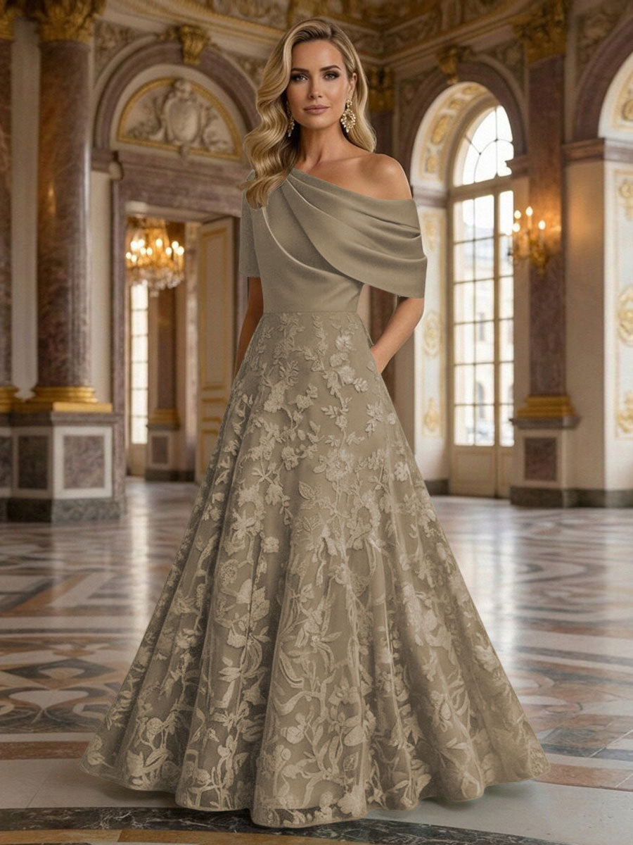 A-Line Floor Length One Shoulder Long Mother of the Bride Dresses with Lace