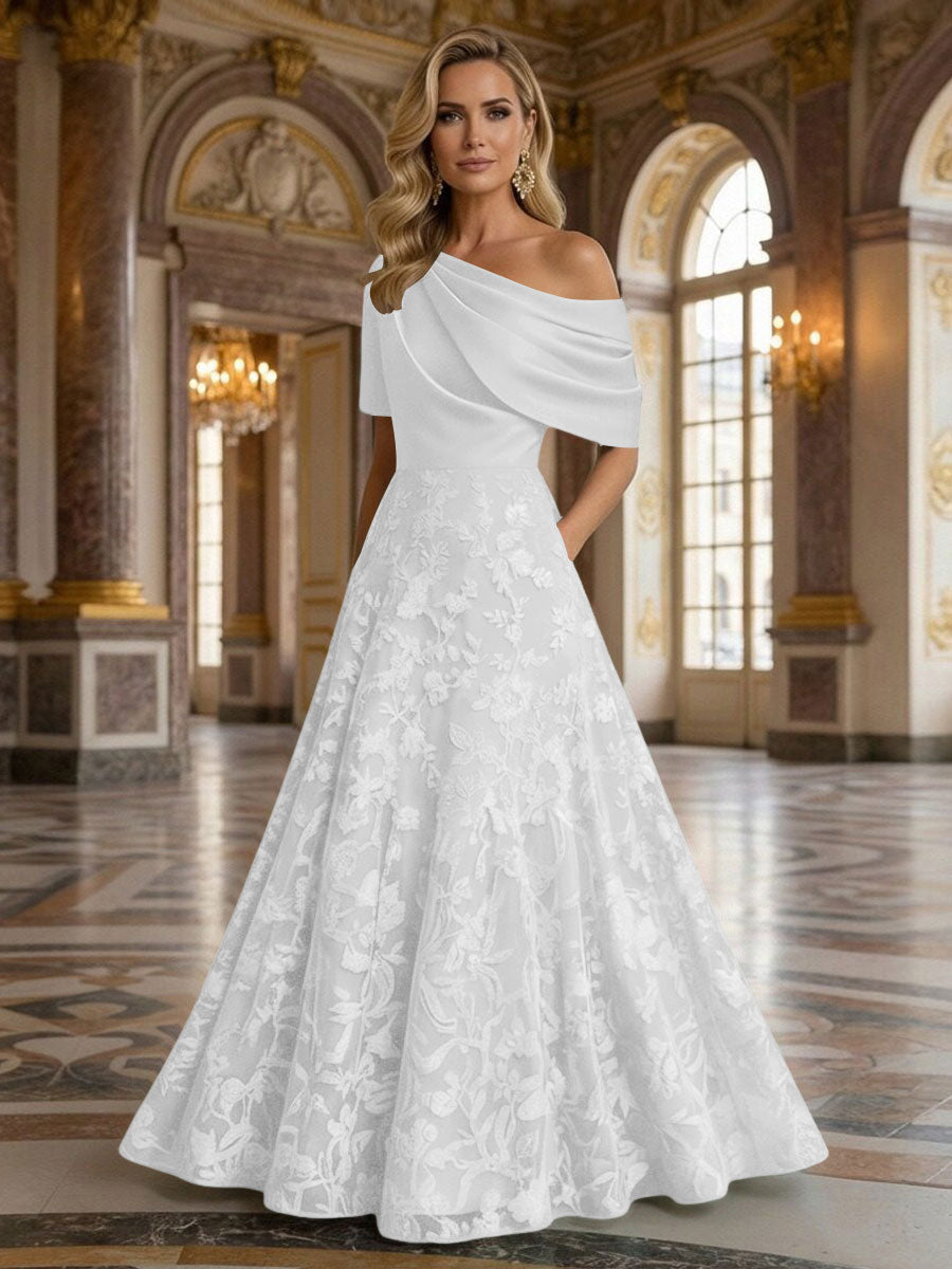 A-Line Floor Length One Shoulder Long Mother of the Bride Dresses with Lace