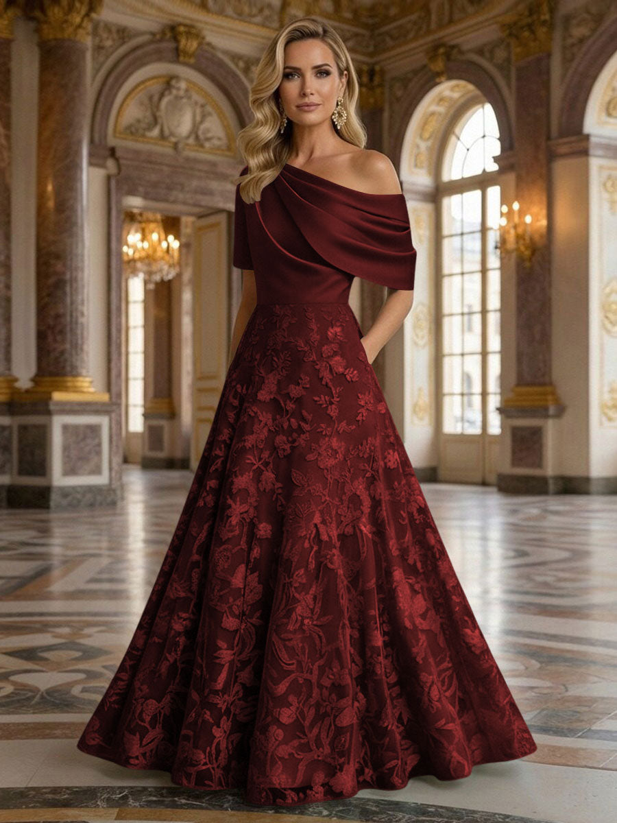 A-Line Floor Length One Shoulder Long Mother of the Bride Dresses with Lace