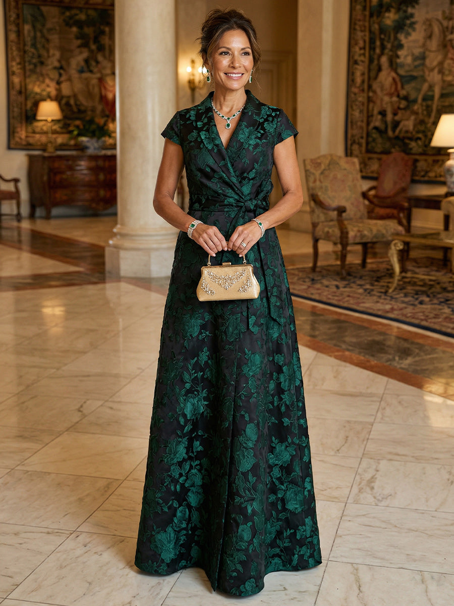 A Line/Princess V Neck Long Jacquard Mother of the Bride Dresses with Bow