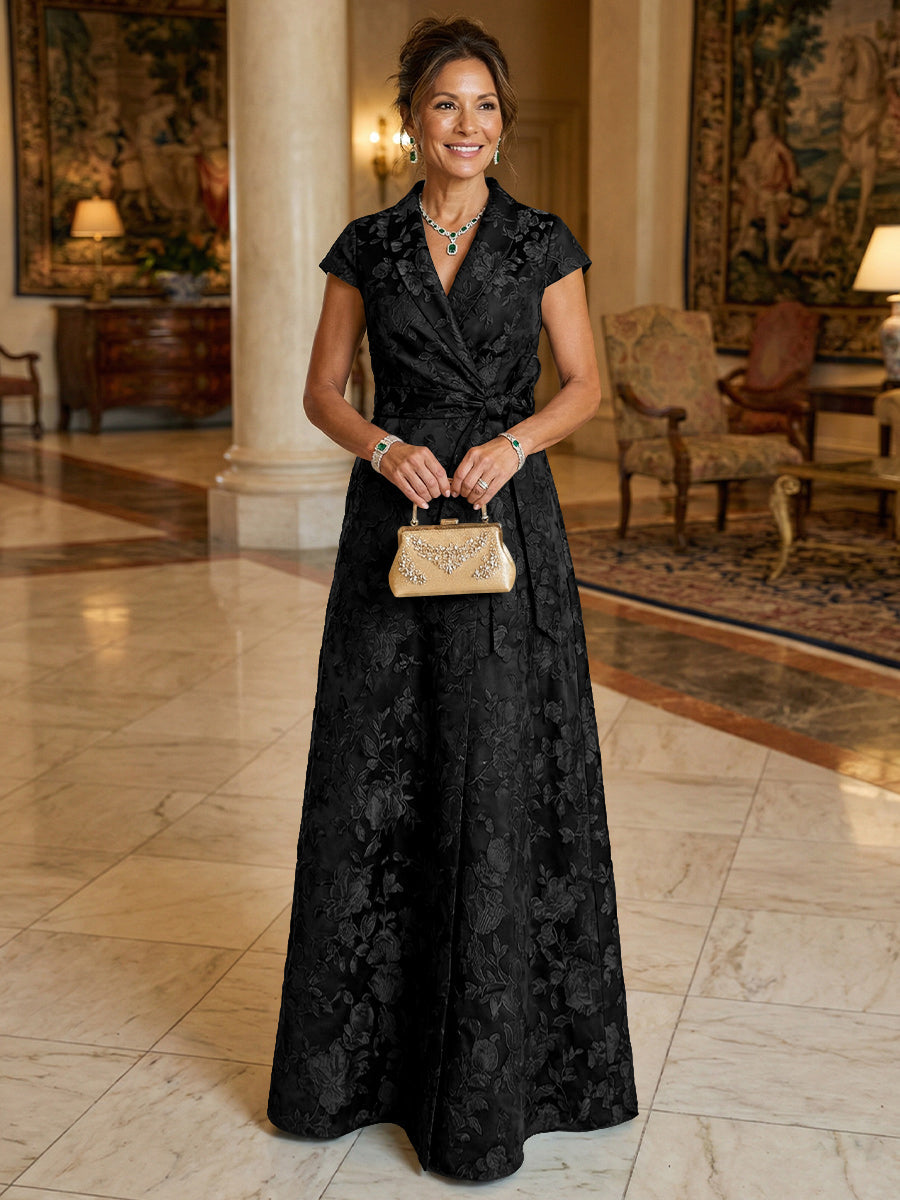 A Line/Princess V Neck Long Jacquard Mother of the Bride Dresses with Bow