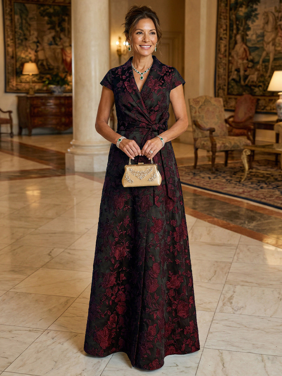 A Line/Princess V Neck Long Jacquard Mother of the Bride Dresses with Bow