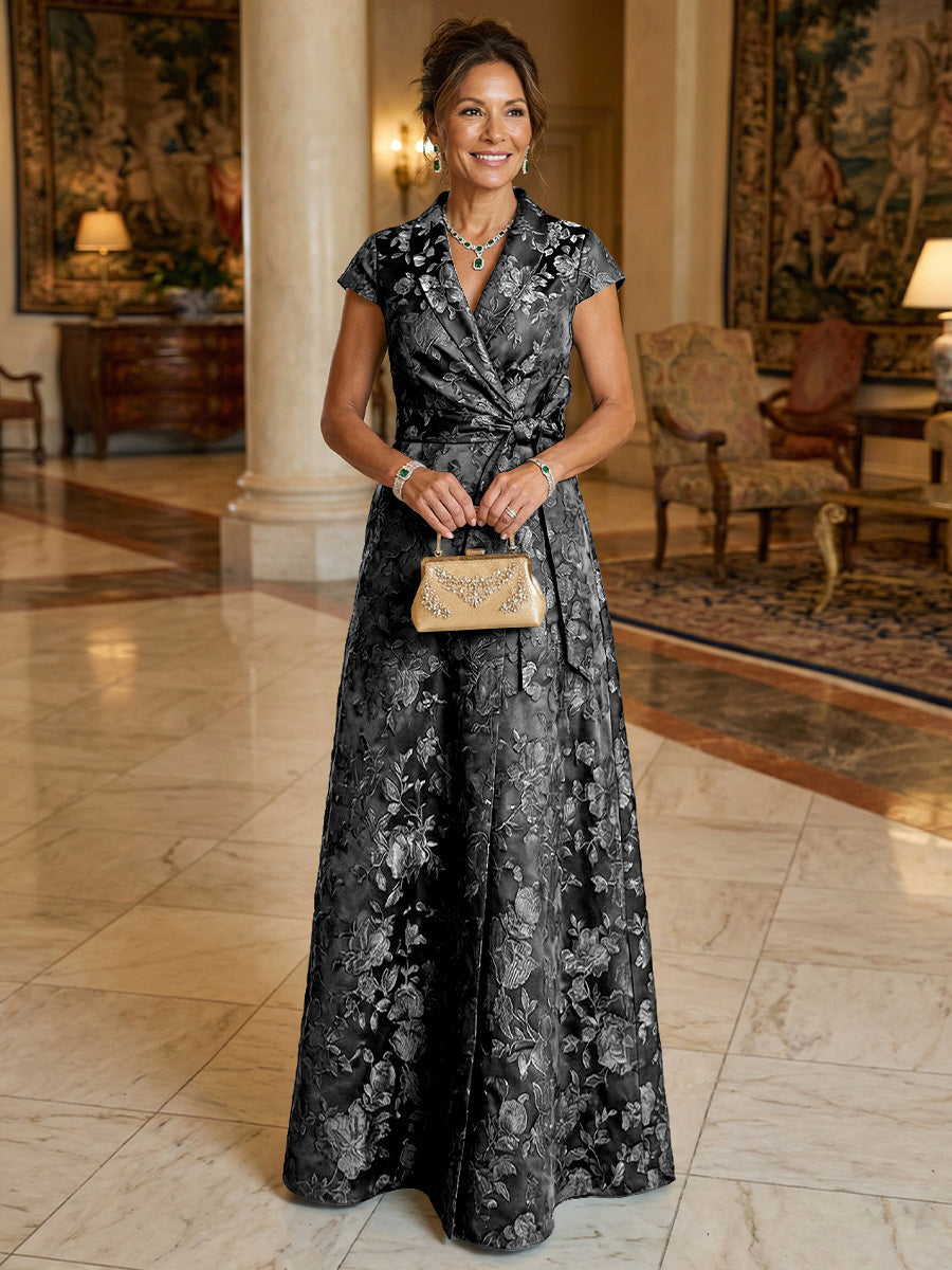 A Line/Princess V Neck Long Jacquard Mother of the Bride Dresses with Bow